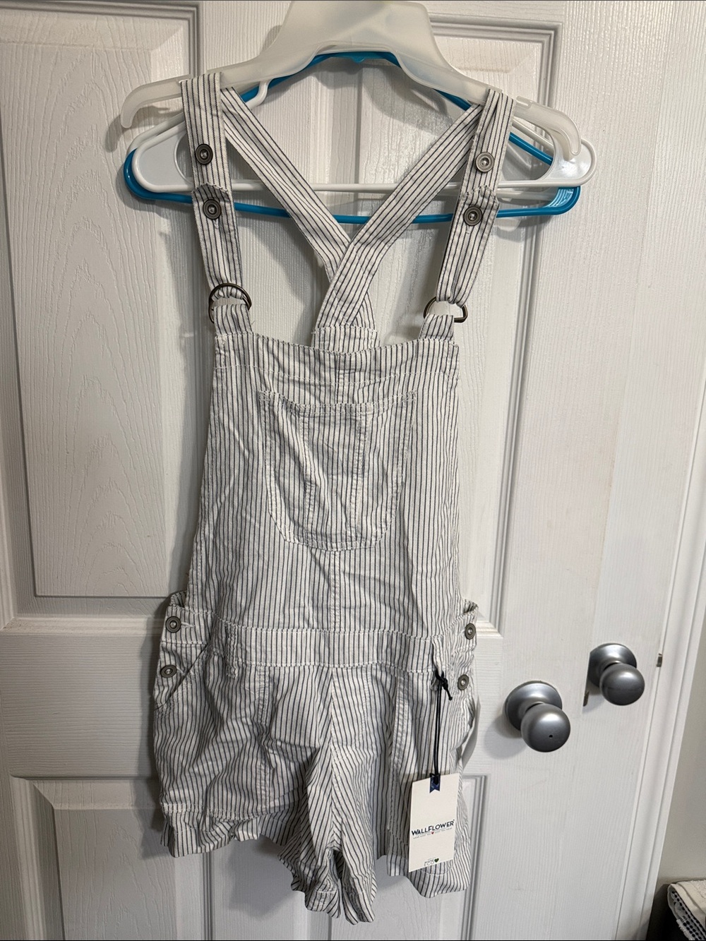 Wallflower White and Gray Striped Denim Short Overalls
